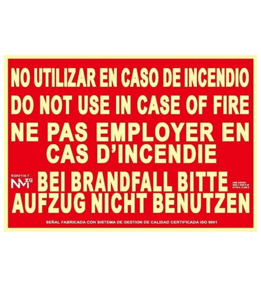 Foto Señal No utilizar el ascensor en caso de incendio varios idiomas Fotoluminiscente PVC. Medidas: 30x21 cm.