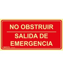 Fotografía Señal No Obstruir Salida de Emergencia Fotoluminiscente A. PVC. Medidas: 42x21 cm