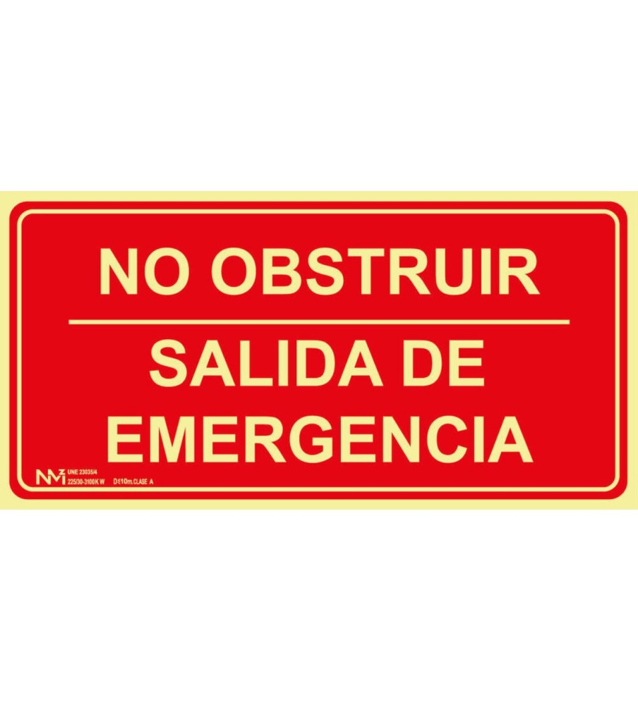 Foto Señal No Obstruir Salida de Emergencia Fotoluminiscente A. PVC. Medidas: 42x21 cm